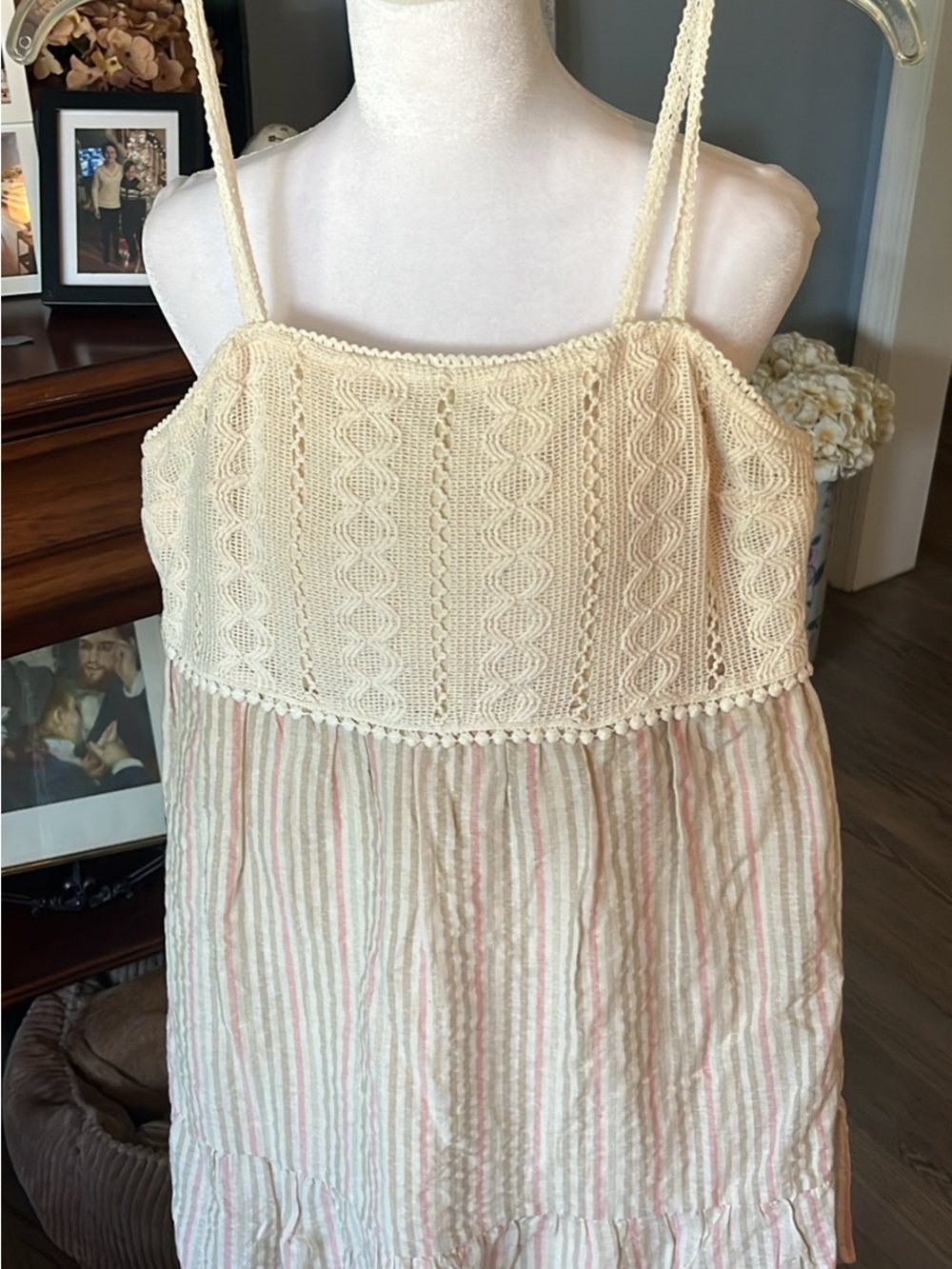Love Riche Cream Knit Bodice Pastel Stripe Chemise Dress